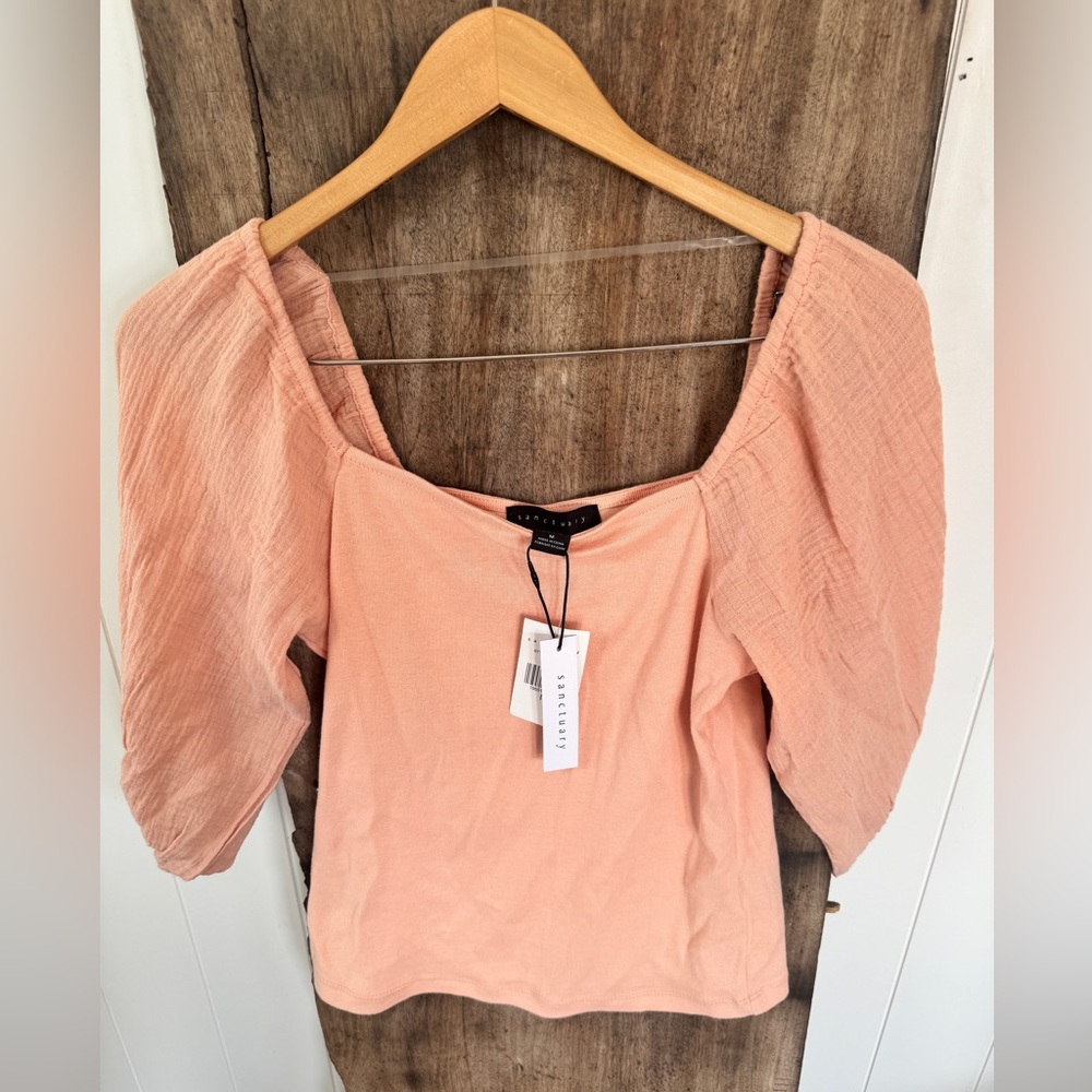 Sanctuary Peach Blouse  Puff Sleeve Size Medium - Picture 4 of 5